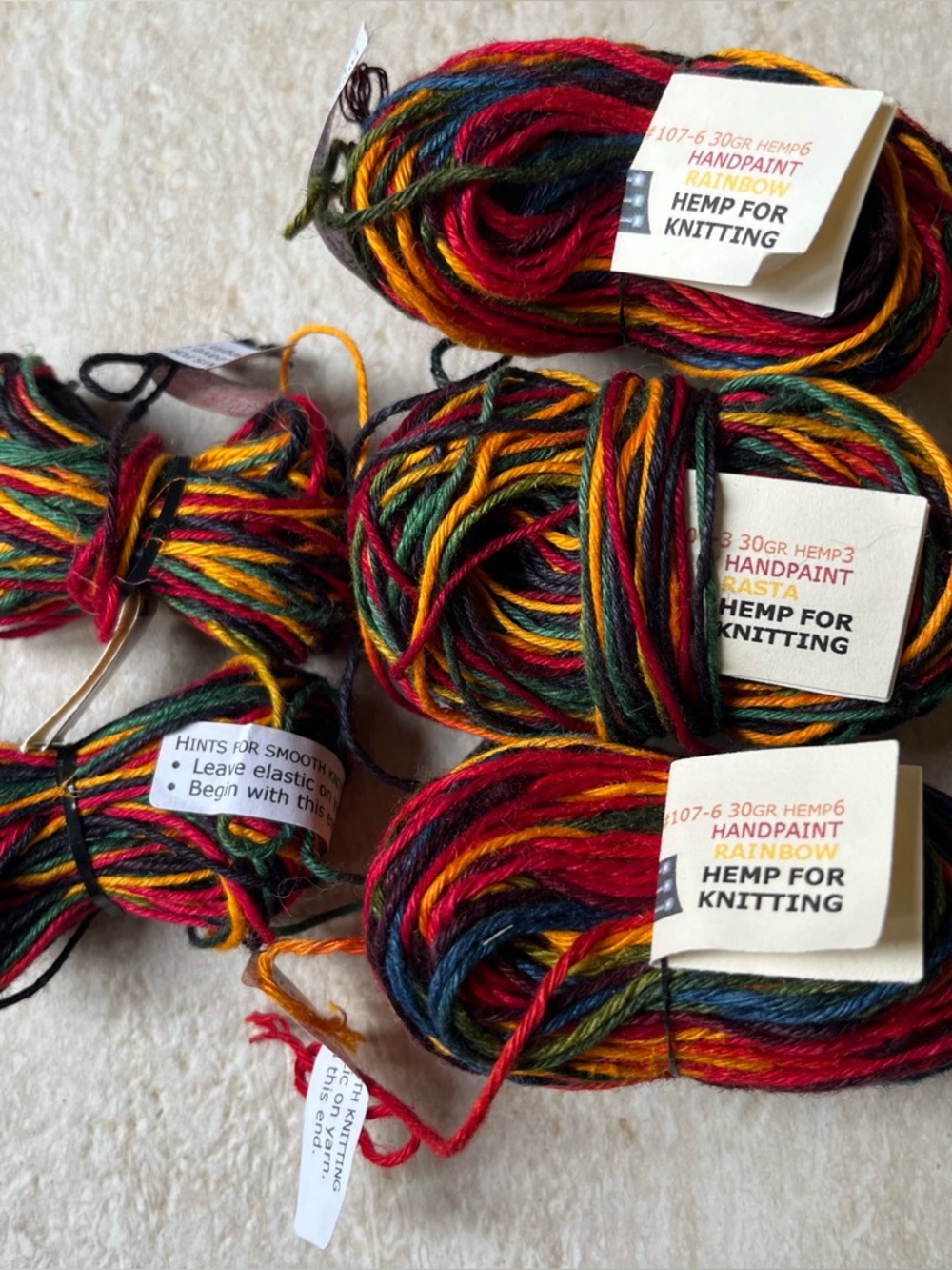 Rasta Rainbow Hemp Yarn Lot 5 Skeins Hand Painted Mixed Fiber Knitting